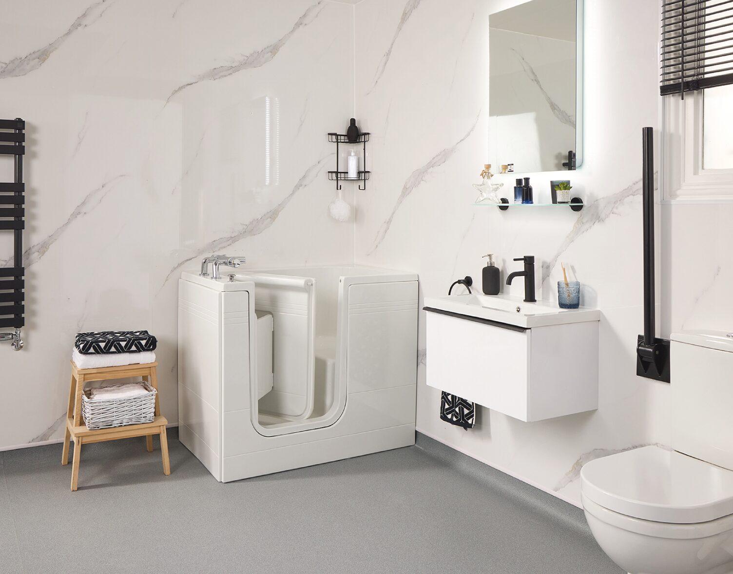 Modern accessible bathroom with walk-in bath