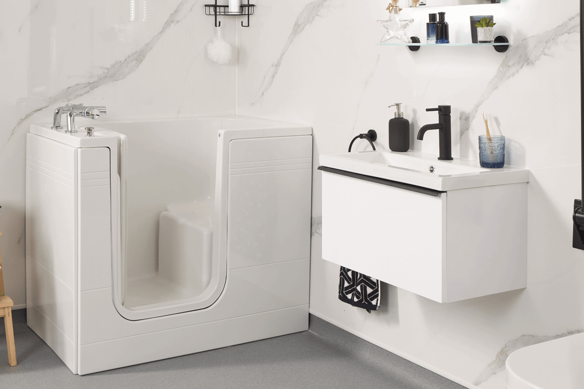 Walk-in bath installed in a clean modern bathroom