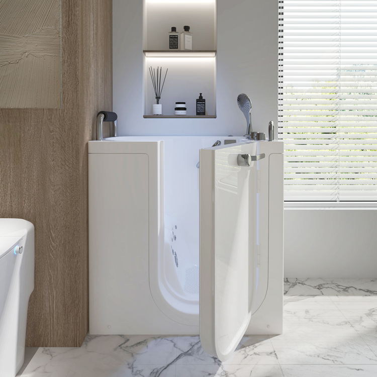 Walk-in bath with low step-in entry door in a modern bathroom